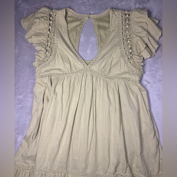 By Anthropologie Ruffled Boho Lace Sagebrush Green 100% Cotton Boho Mini Dress M - Picture 5 of 17